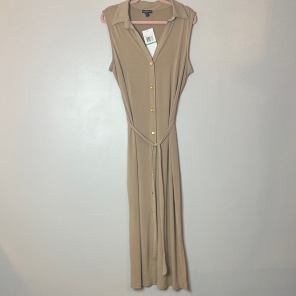 Nina Leonard Beige Maxi Dress with Gold Buttons